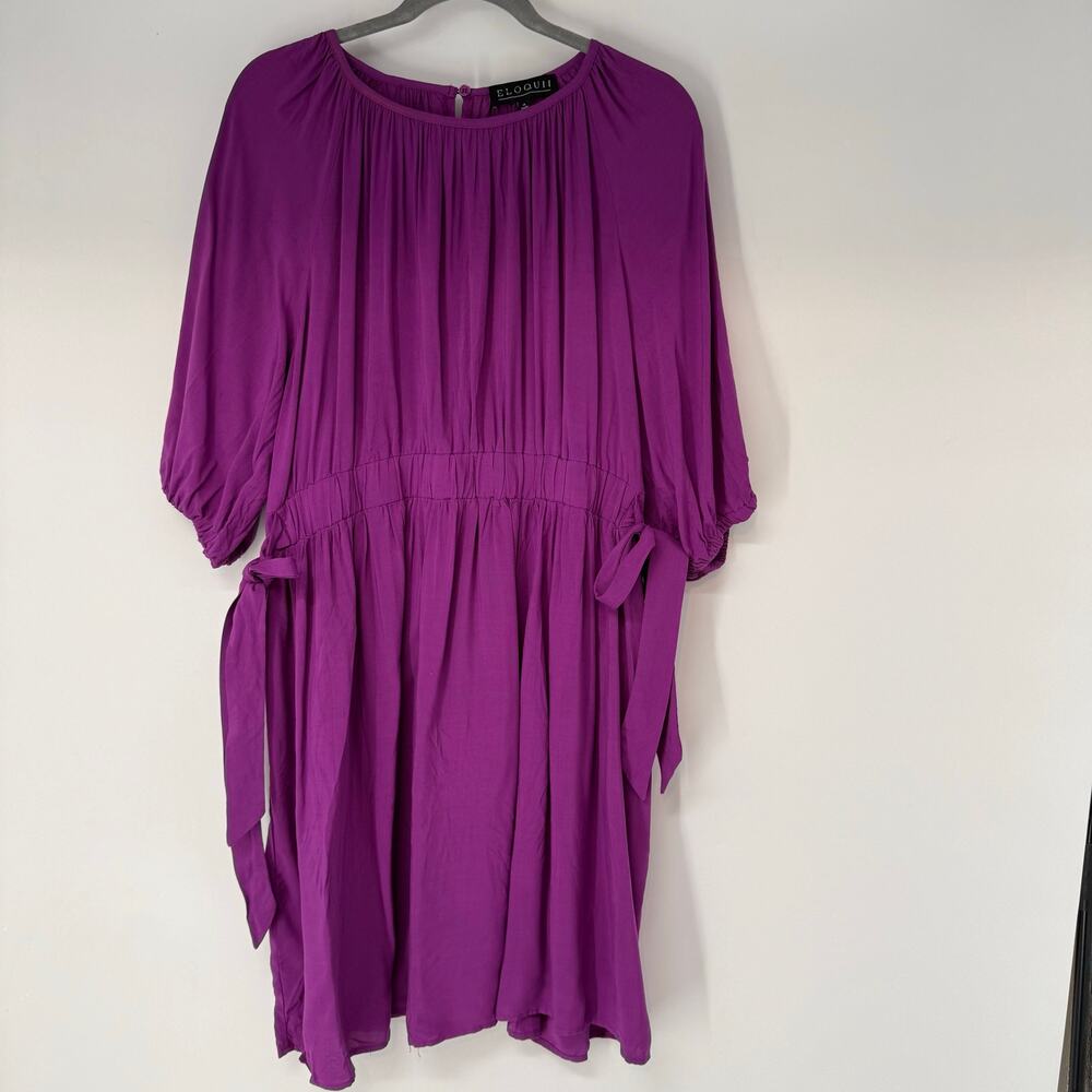 Eloquii Blouson Mini Dress Womens 14 Berry Purple Puff Sleeve Drawstring Waist